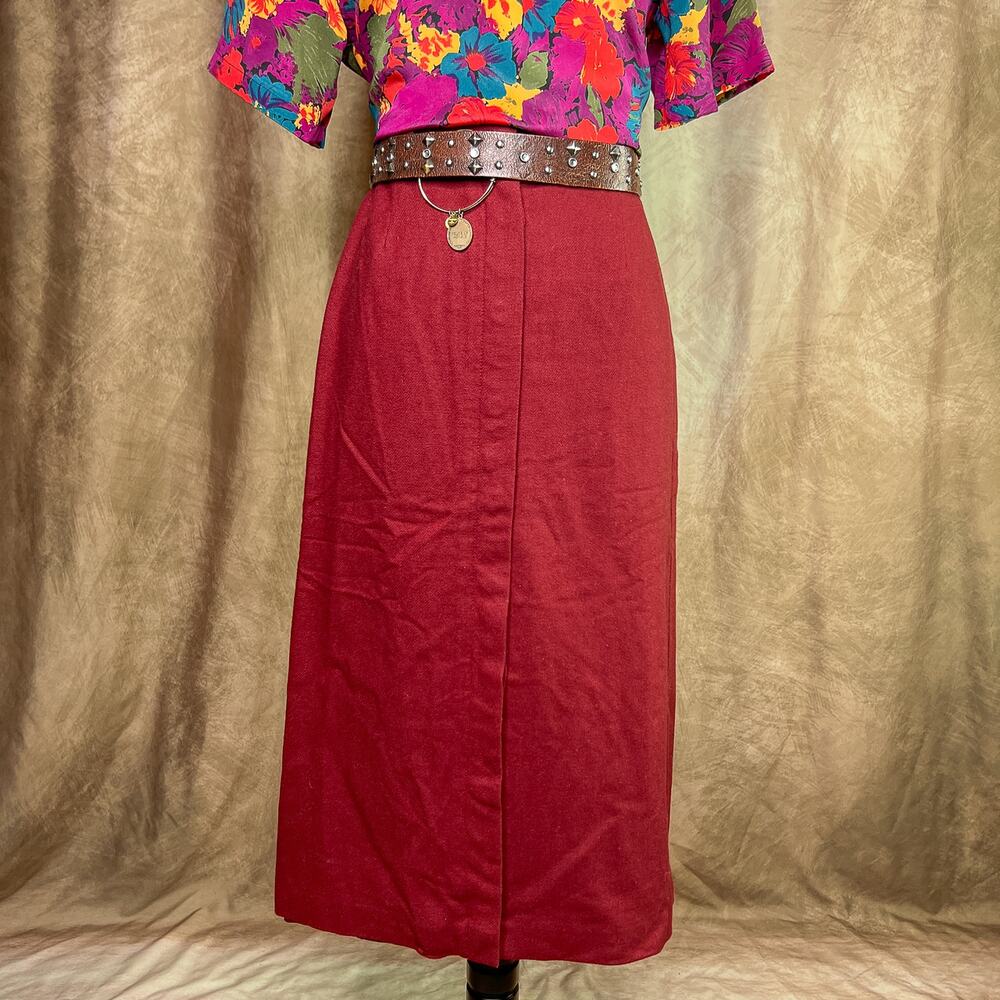 Vintage Retro Academia Skirt 70s Burgundy Red Pleated High Waist Maxi Wool Blend